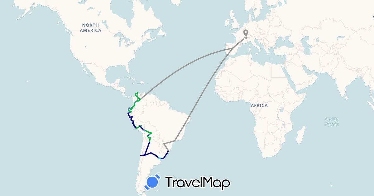 TravelMap itinerary: driving, bus, plane, cycling, hiking, boat in Argentina, Bolivia, Brazil, Switzerland, Chile, Colombia, Ecuador, Spain, Peru, Uruguay (Europe, South America)